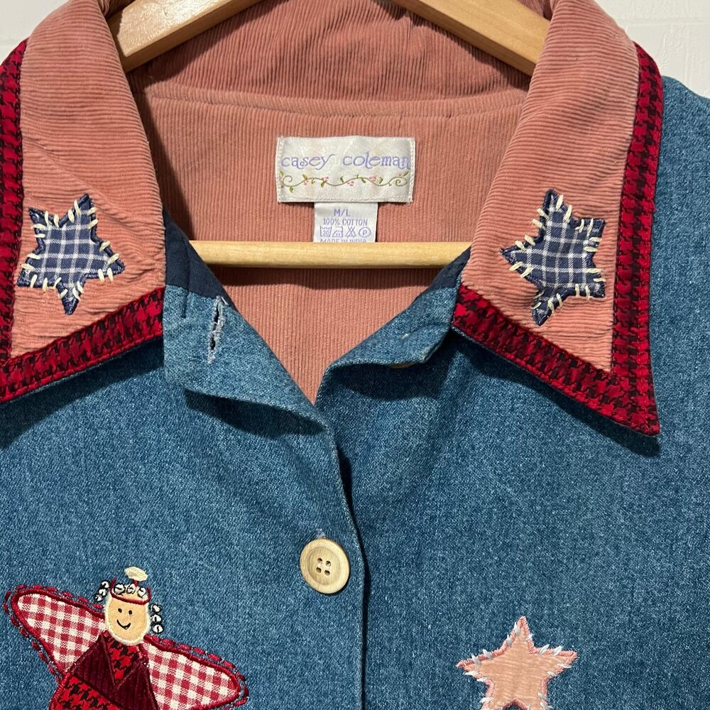 Vintage Casey Coleman Denim Embroidery Angels Lined Shacket M/L Corduroy Pockets - Picture 4 of 15
